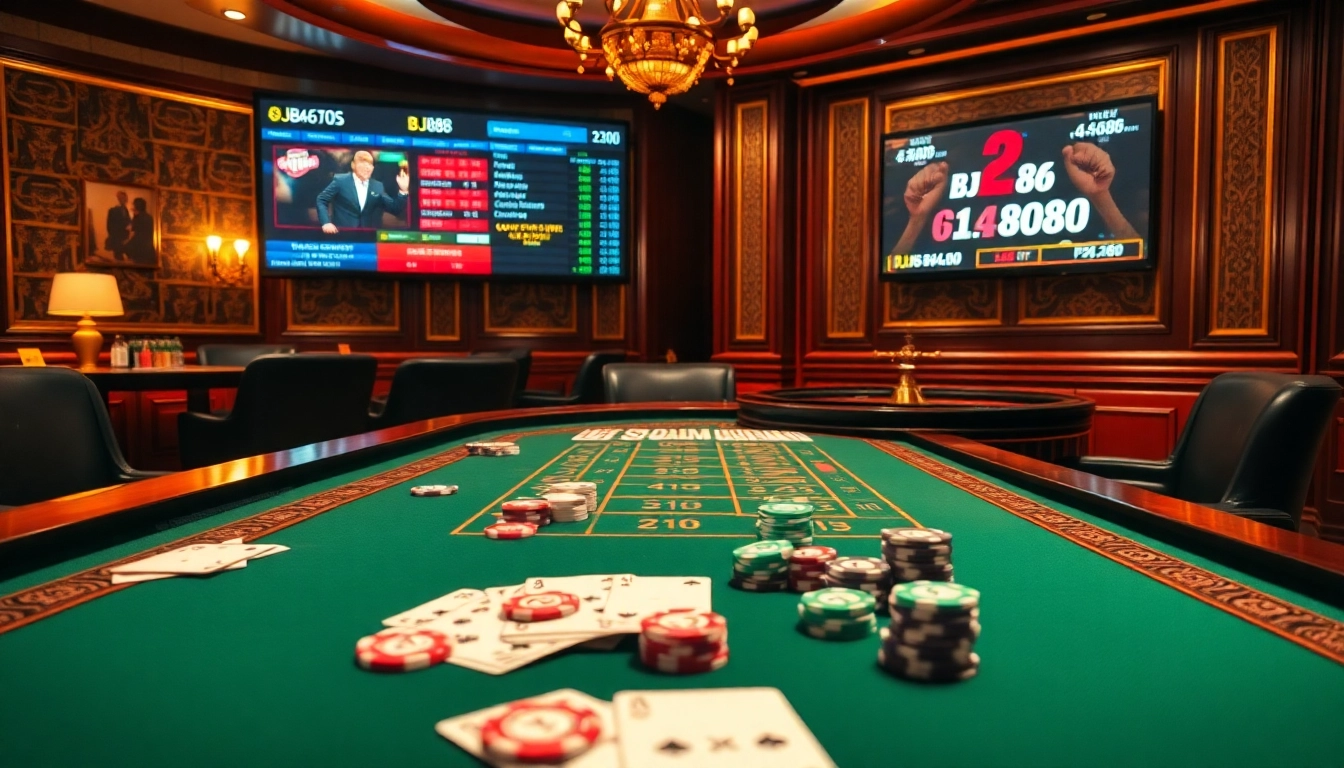 Experience the excitement of BJ88 online gambling with vibrant casino tables and betting odds.
