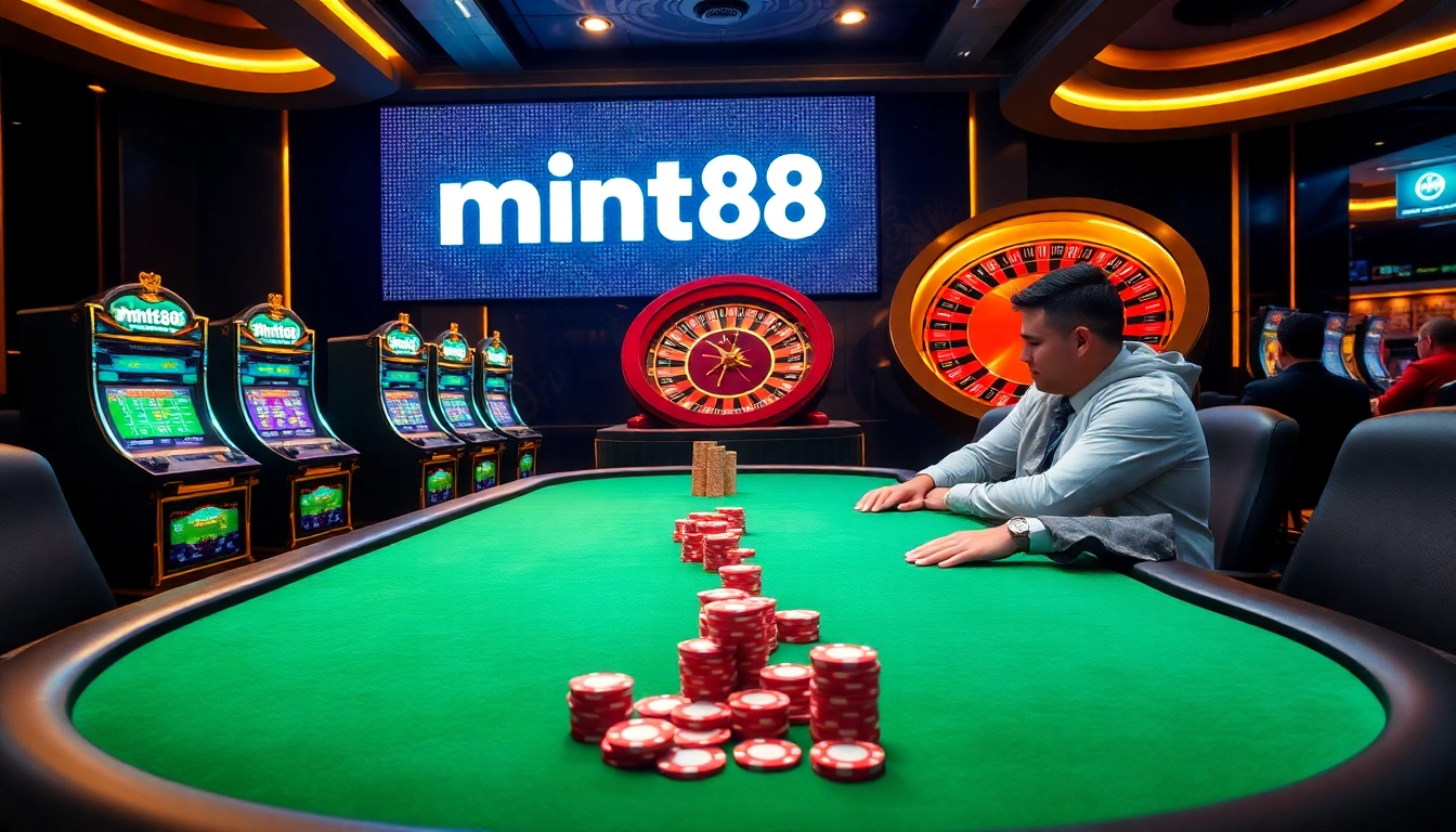 Mint88 online casino scene showcasing poker and vibrant slot machines for thrilling gameplay.