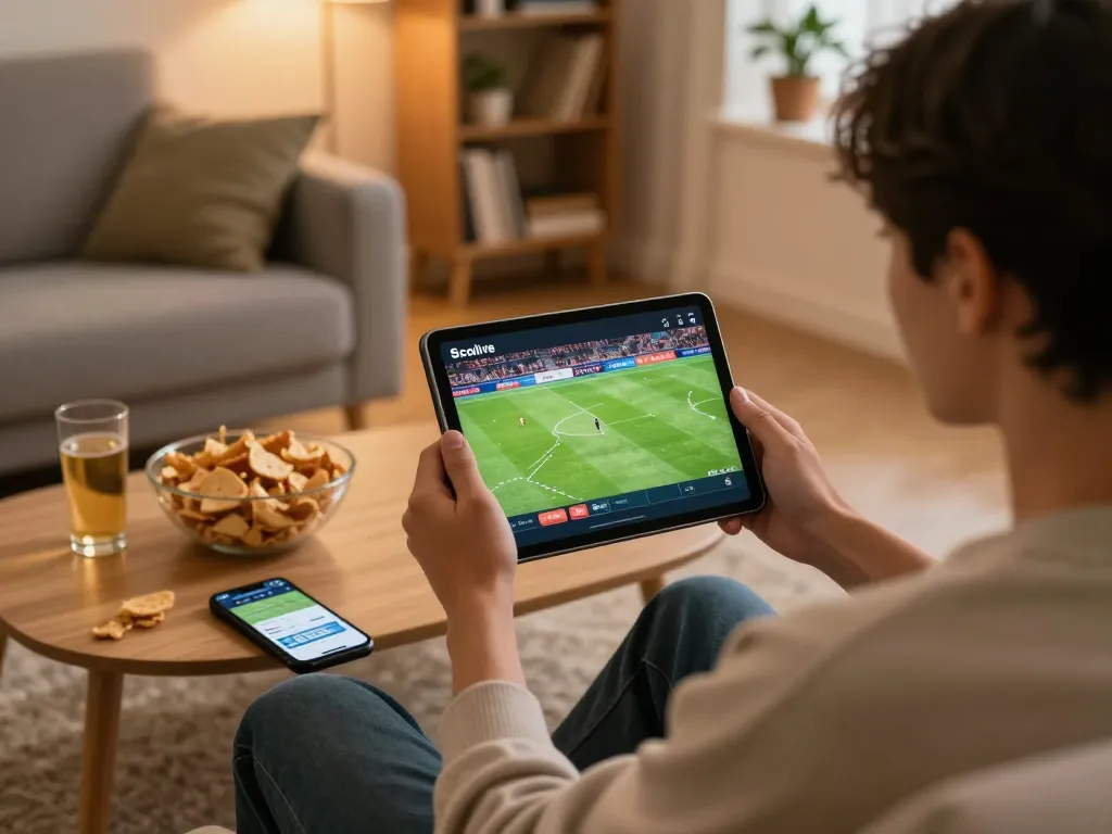 Socolive streaming live football on a tablet in a cozy home gaming setup, complete with snacks and warm lighting.
