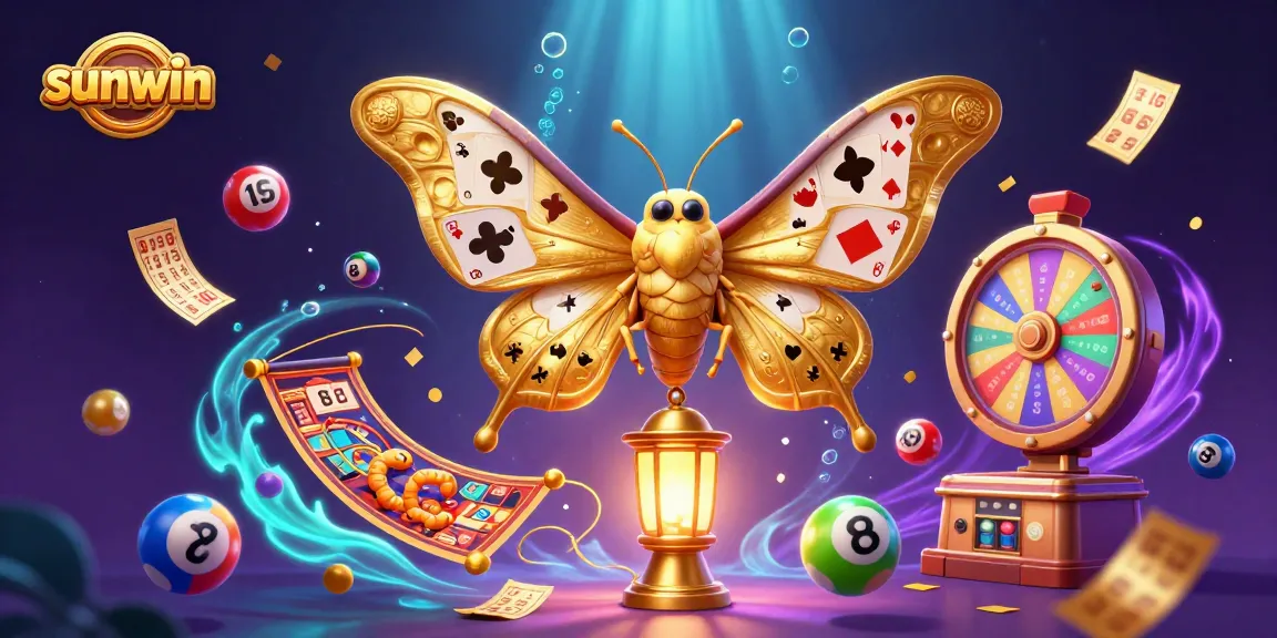 Experience sunwin's vibrant casino scene with a majestic moth and colorful lottery elements.