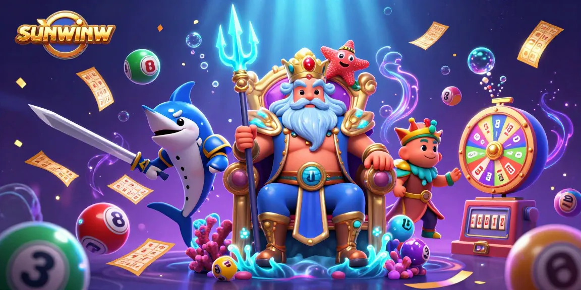 Engage in thrilling lottery action with sunwinw's vibrant casino scene featuring colorful elements and energetic characters.