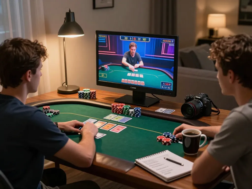Experience online poker action on onbet with players strategizing through card games in a cozy home setting