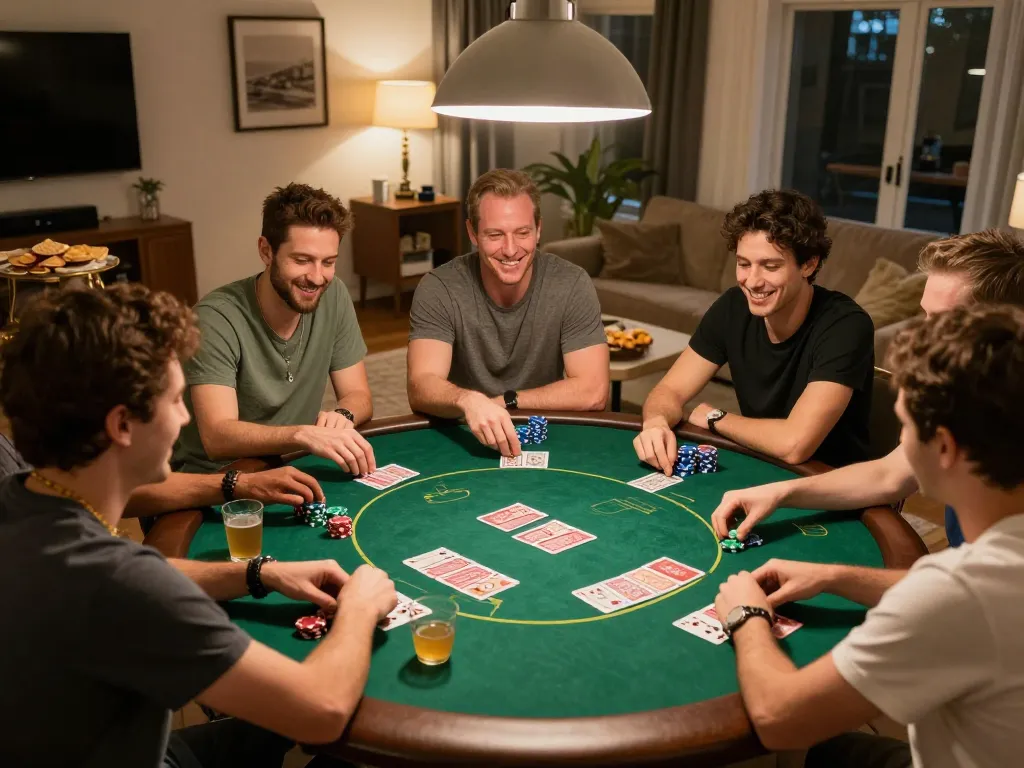 Friends enjoying a thrilling poker game at home, showcasing an engaging atmosphere with ko66 gameplay excitement.