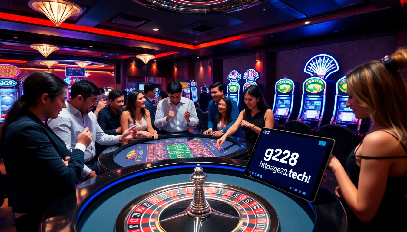 Engaged gamblers at G28's casino, celebrating wins with poker chips and a roulette table, showcasing https://g28.tech/.