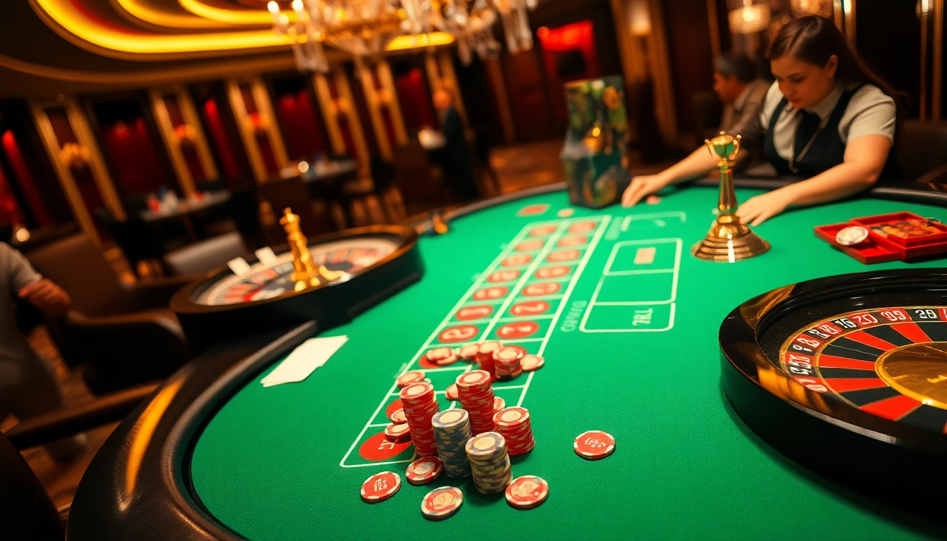 THABET casino scene showcasing a vibrant gaming table with cards and chips, exuding excitement.