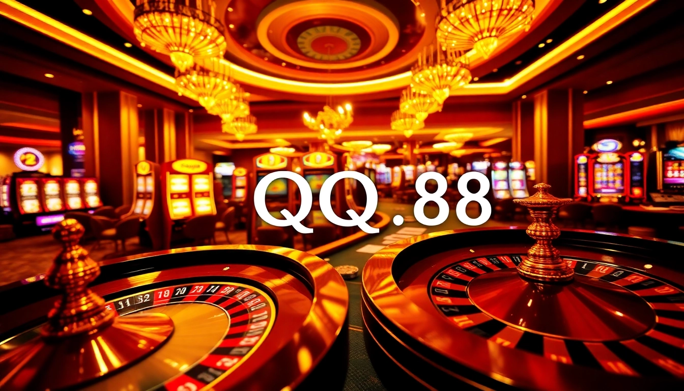 Engage in thrilling gaming experiences with QQ88 casino tables showcasing poker, roulette, and vibrant slot machines.