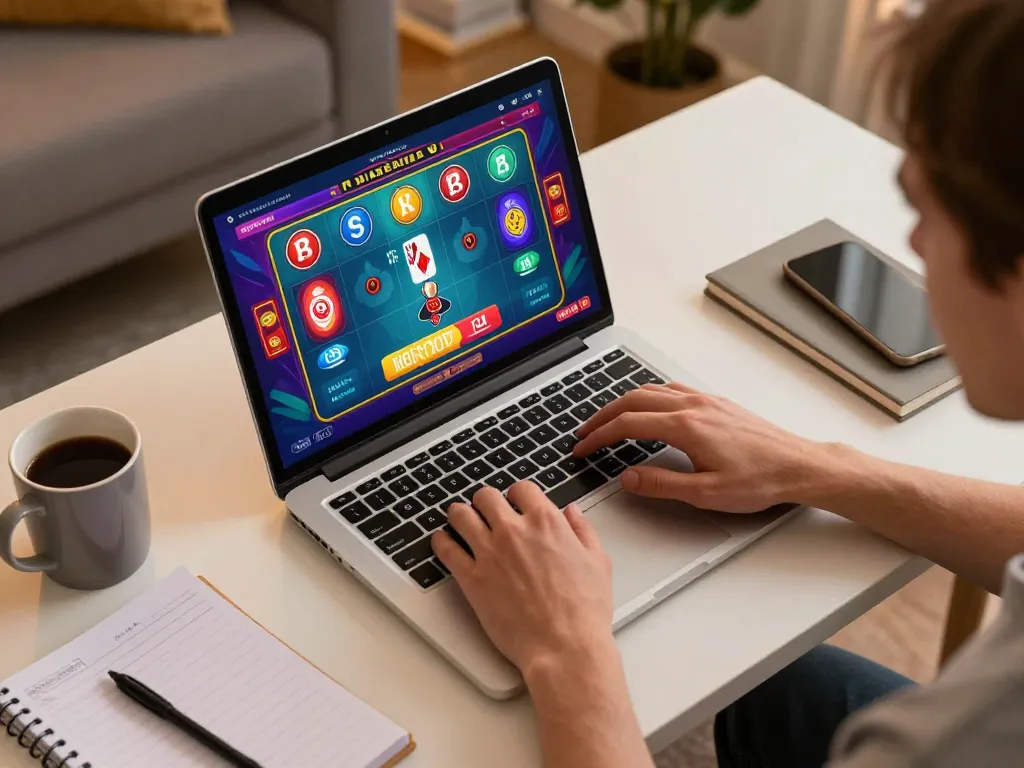 Engaging with 789win online poker on a laptop, capturing a vibrant home gaming atmosphere