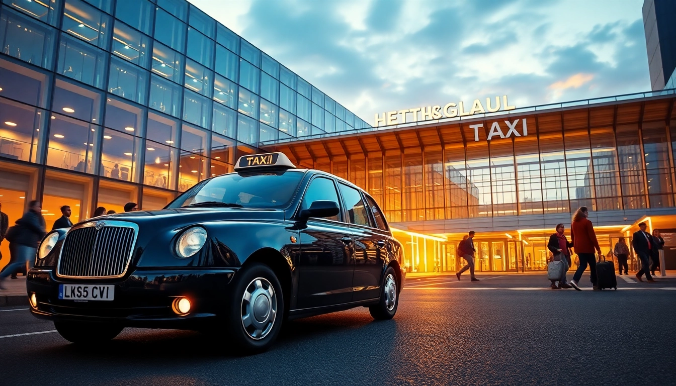 Catch a Nottingham to Heathrow Taxi in a vibrant city scene, showcasing a sleek cab near a modern airport terminal.