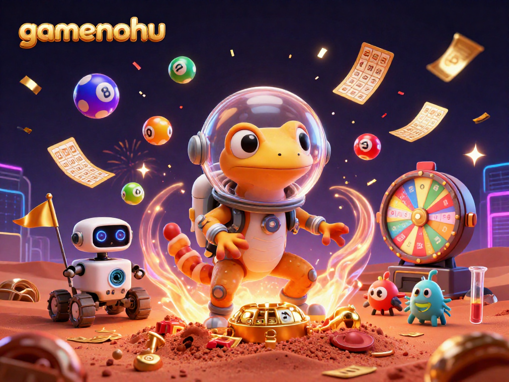 Win exciting jackpots at gamenohu with a vibrant casino scene featuring alien characters and dynamic game elements.