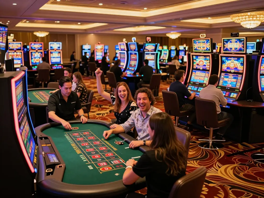 Players enjoy exciting games at TR88 casino amidst vibrant slot machines and atmospheric lighting