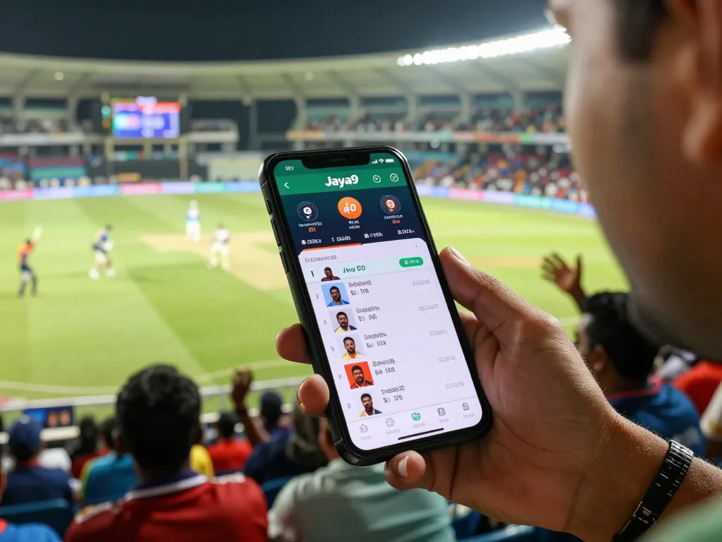 Mobile user engaging with Jaya9 BD during an exciting cricket match, showcasing live betting action.