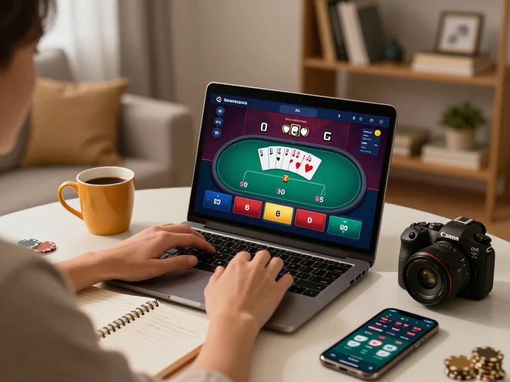 Engaging online gambling session on a laptop showcasing qq88 poker game interface with betting strategies.