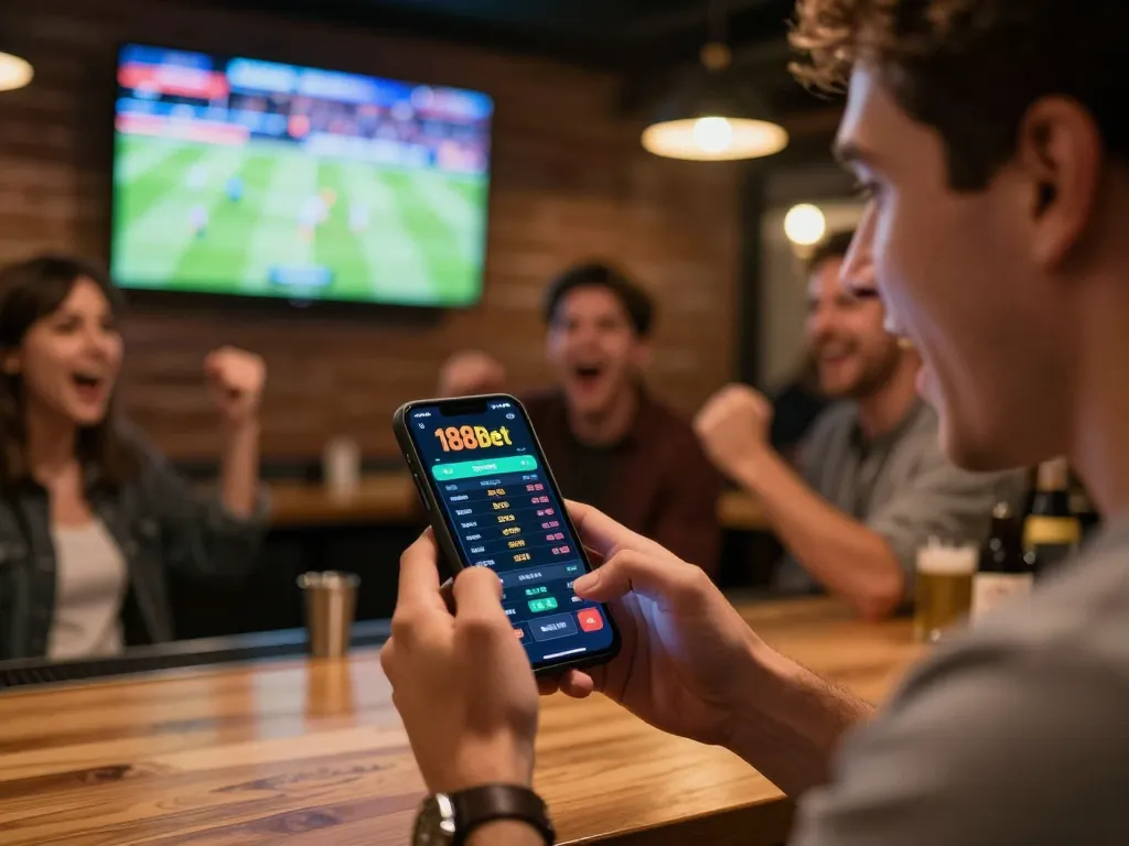 Person using 188bet app to place live sports bets during a thrilling match celebration