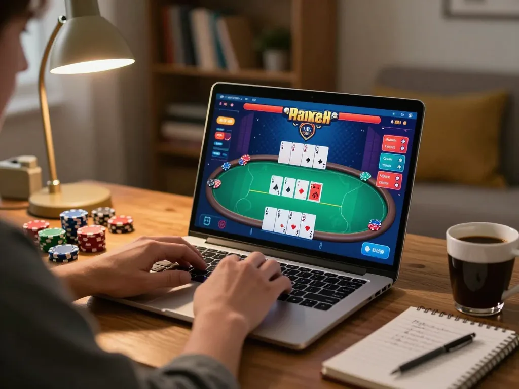 Engaging in an online poker game using TT88 strategies on a laptop in a cozy home