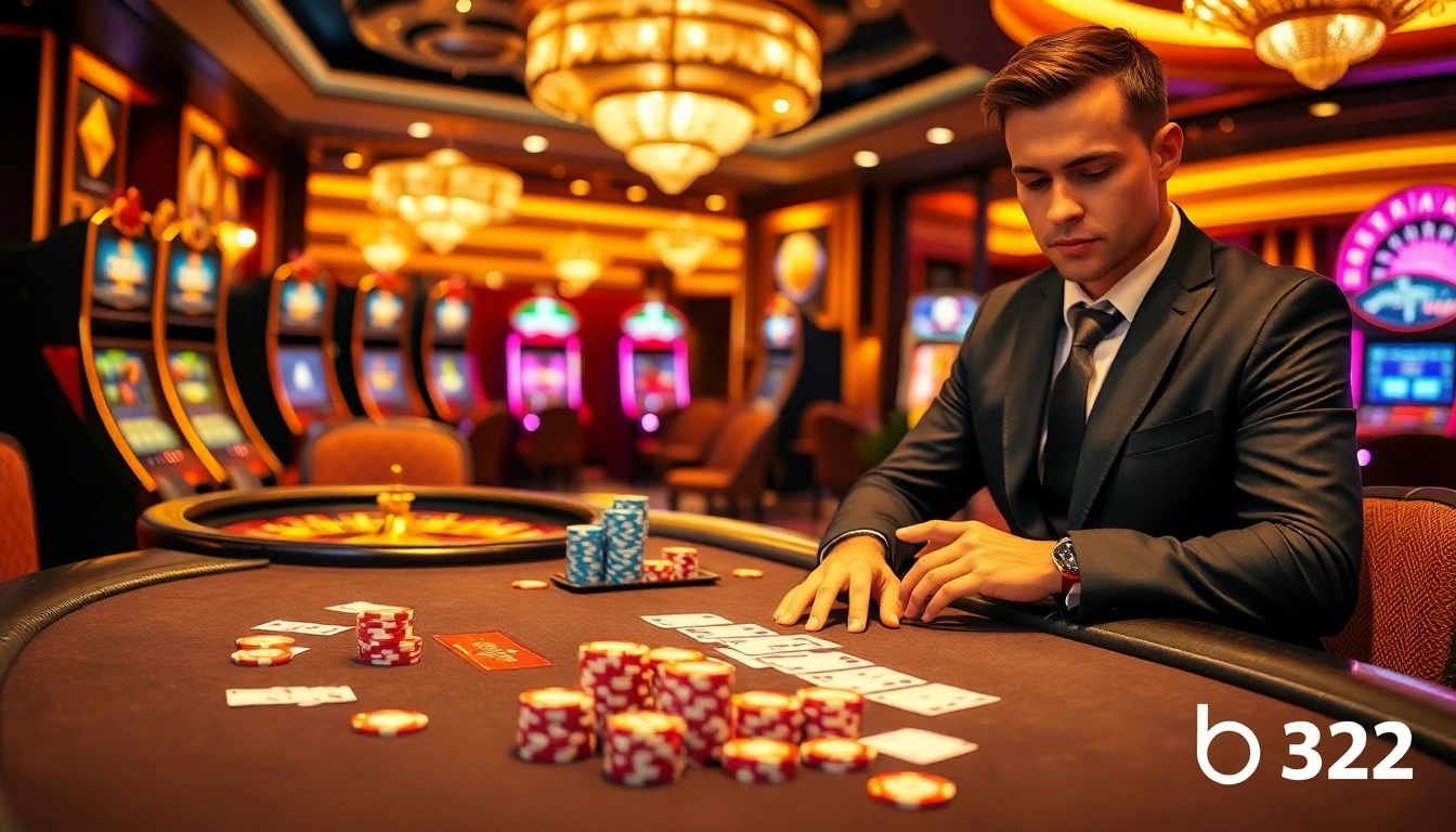 Players enjoy a thrilling poker game at B52 casino, surrounded by vibrant slot machines.