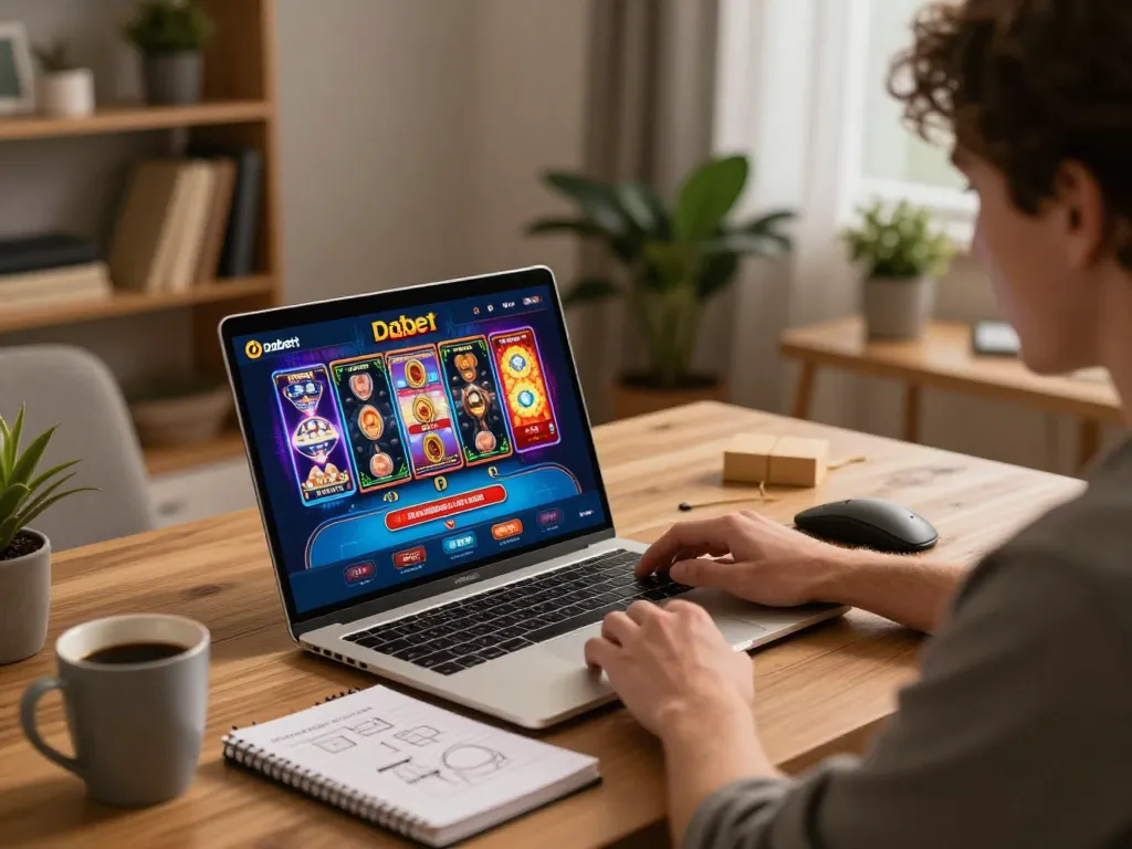 Dabet player strategizing while enjoying online slots and poker at home