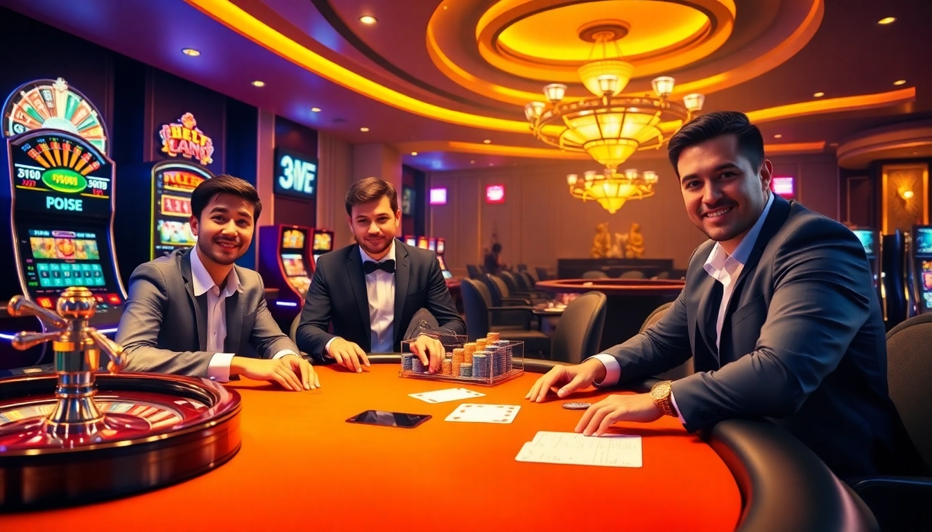 Engaging poker players at a luxurious casino table representing https://net88.wtf/ with vibrant chips and cards.