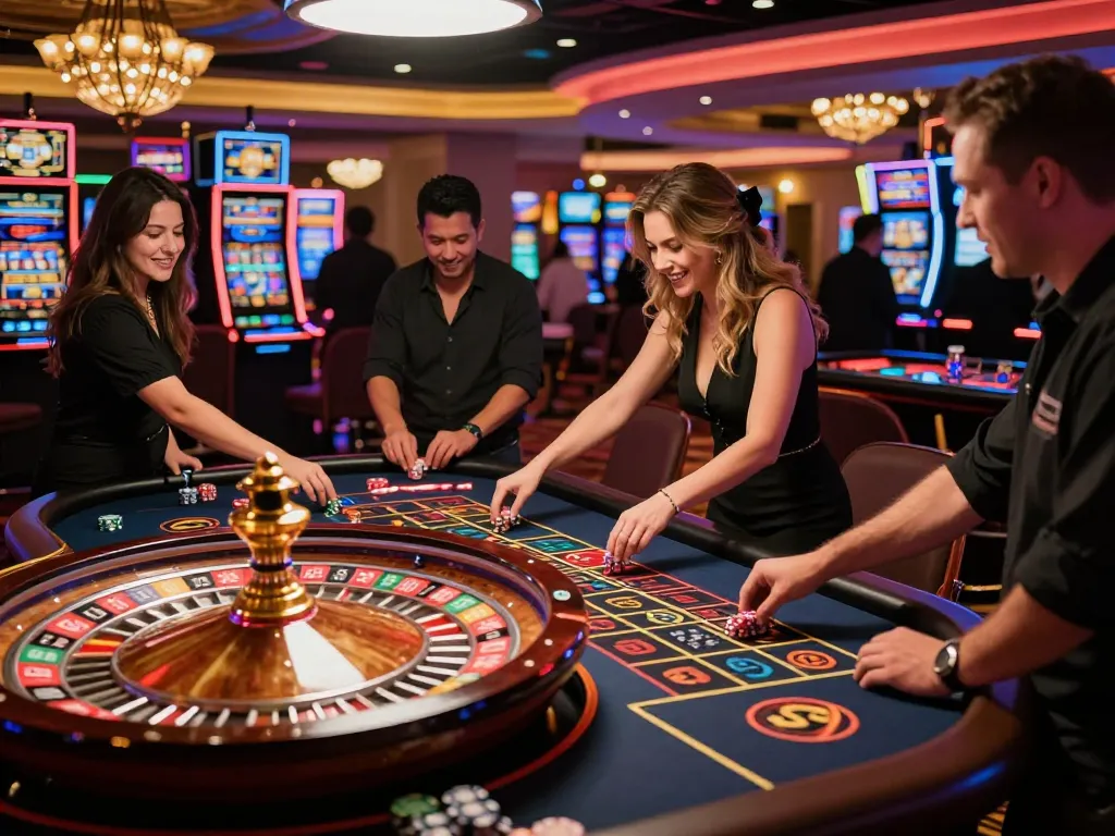 Players enjoy roulette at BL555 casino, featuring a thrilling spinning wheel and vibrant atmosphere