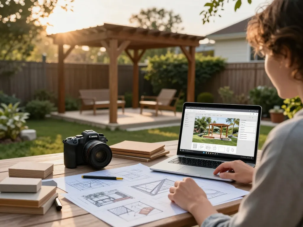 Person using pergola configurator software in a beautiful garden setting, designing a custom pergola.