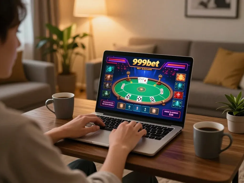 Player engaged in 999bet online poker, showcasing an immersive at-home gaming environment.