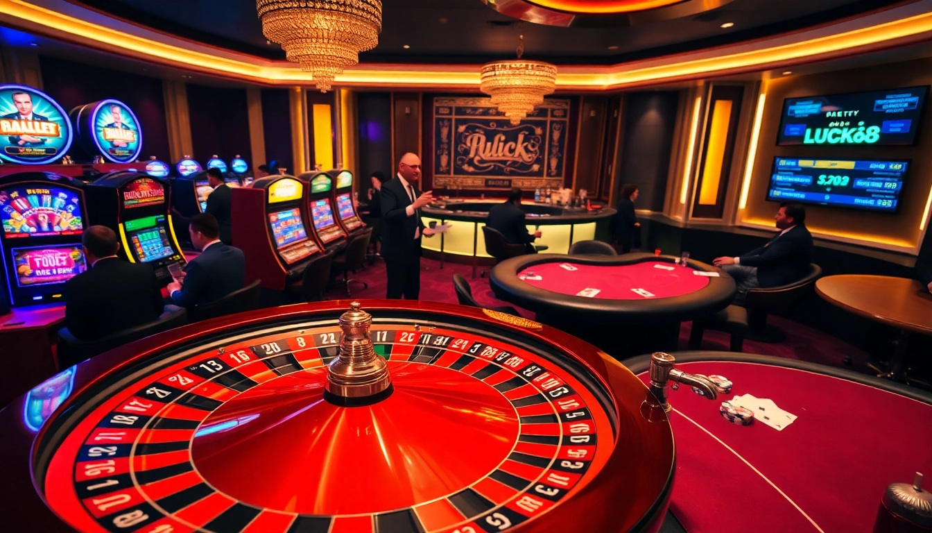 Excited gamblers experiencing the thrill of Luck8's luxurious casino environment featuring roulette and slot machines.