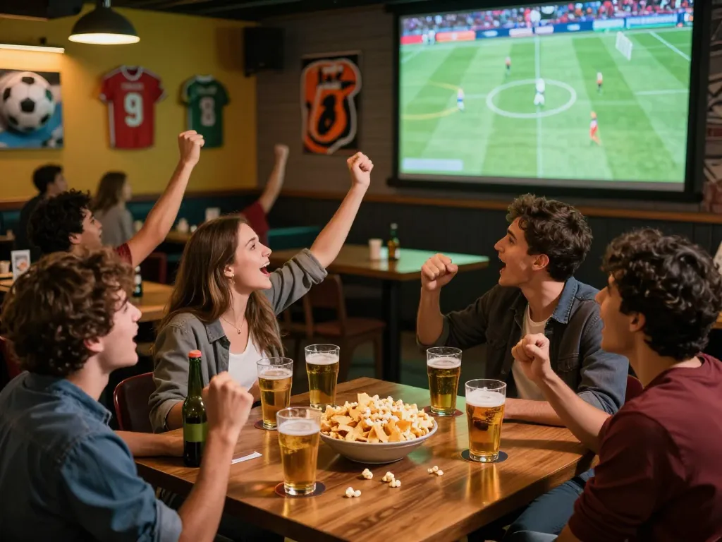 Excited fans watching a football match at a lively sports bar, enjoying ดูบอล with friends and great atmosphere.