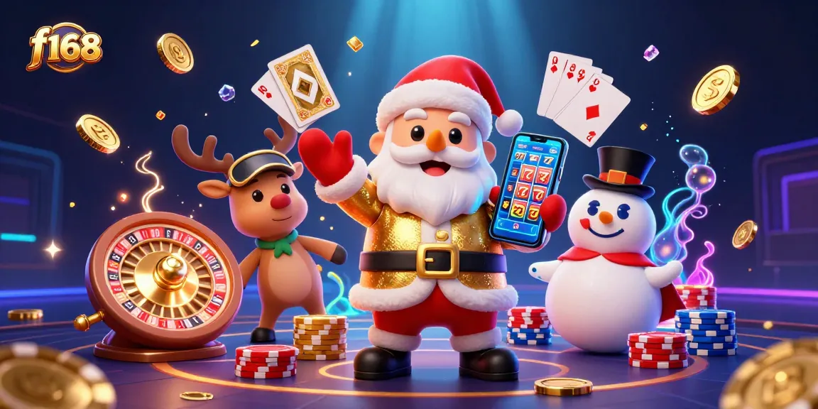 Engage with f168's slot games through a festive illustration featuring Santa, his reindeer, and a snowman.
