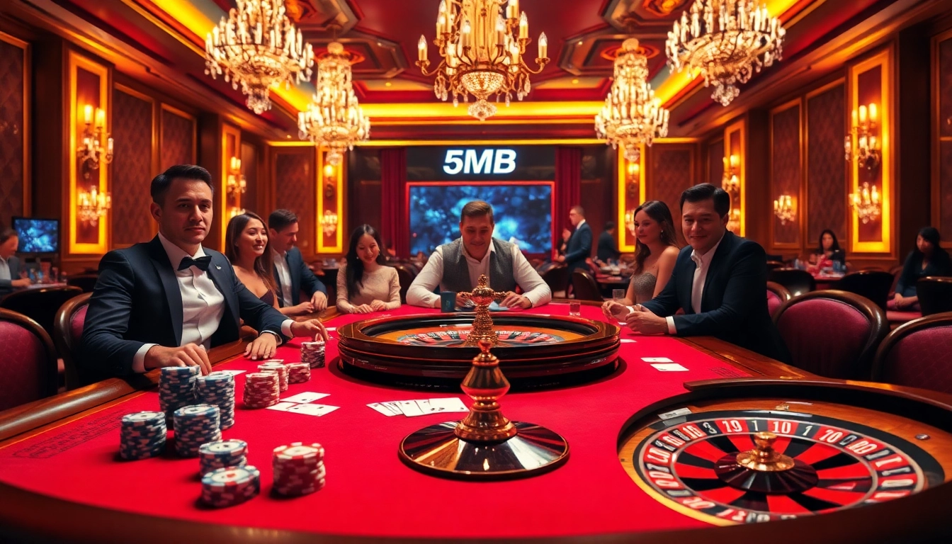 Engage in high-stakes poker at a luxurious casino with exciting 5MB-themed decor.