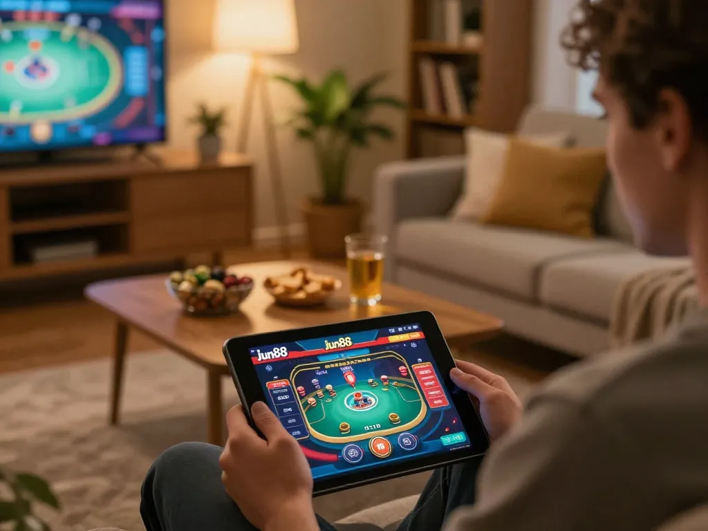 A person engaging with the jun88 online casino app on a tablet in a cozy home setting, highlighting responsible gaming.