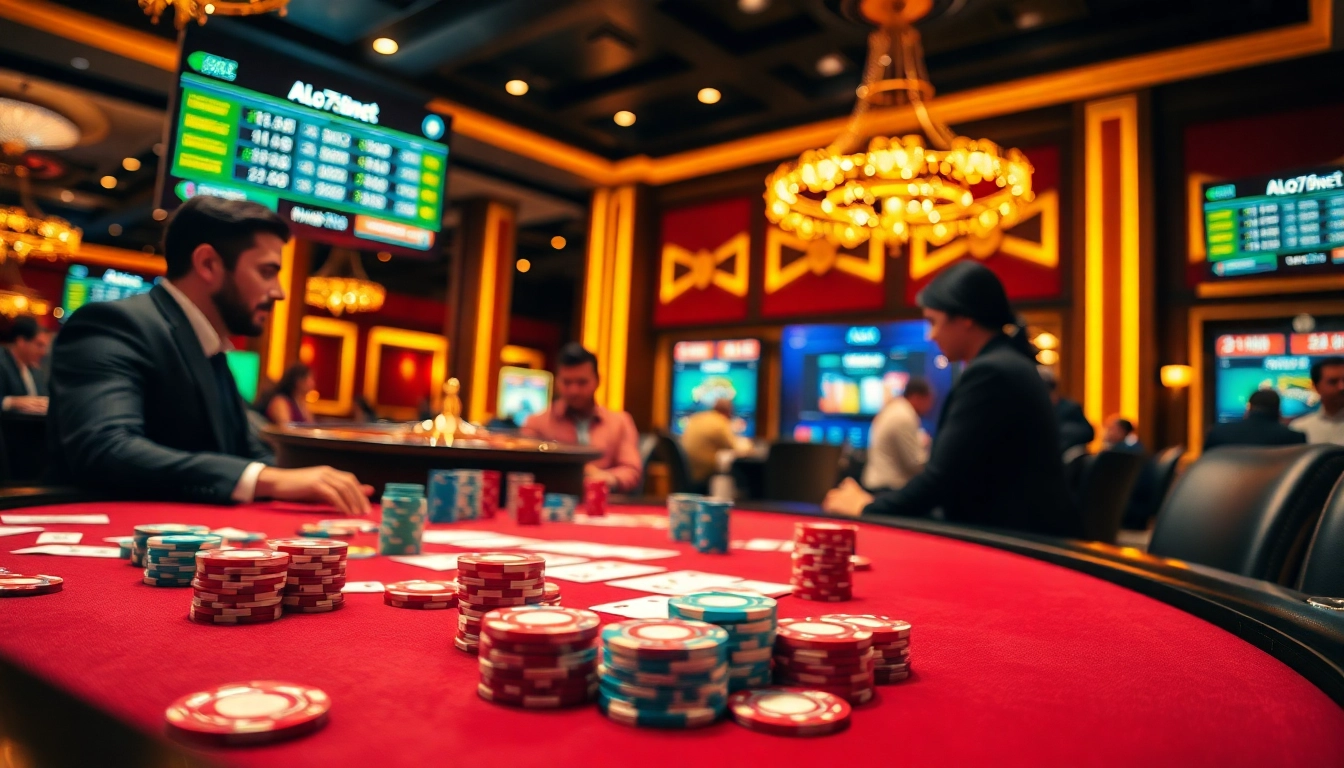 Alo789net players strategizing at a luxurious poker table amidst a vibrant casino scene.