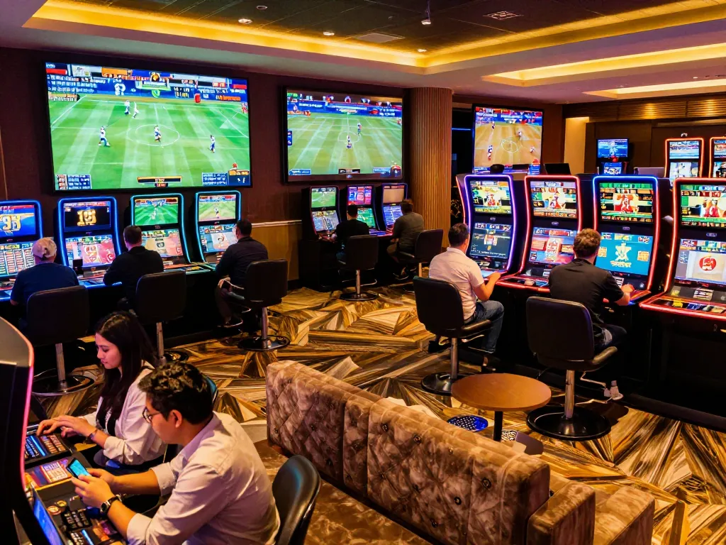 Exciting scene of bettors engaged with Fly88 sports betting, screens showcasing live games and action.