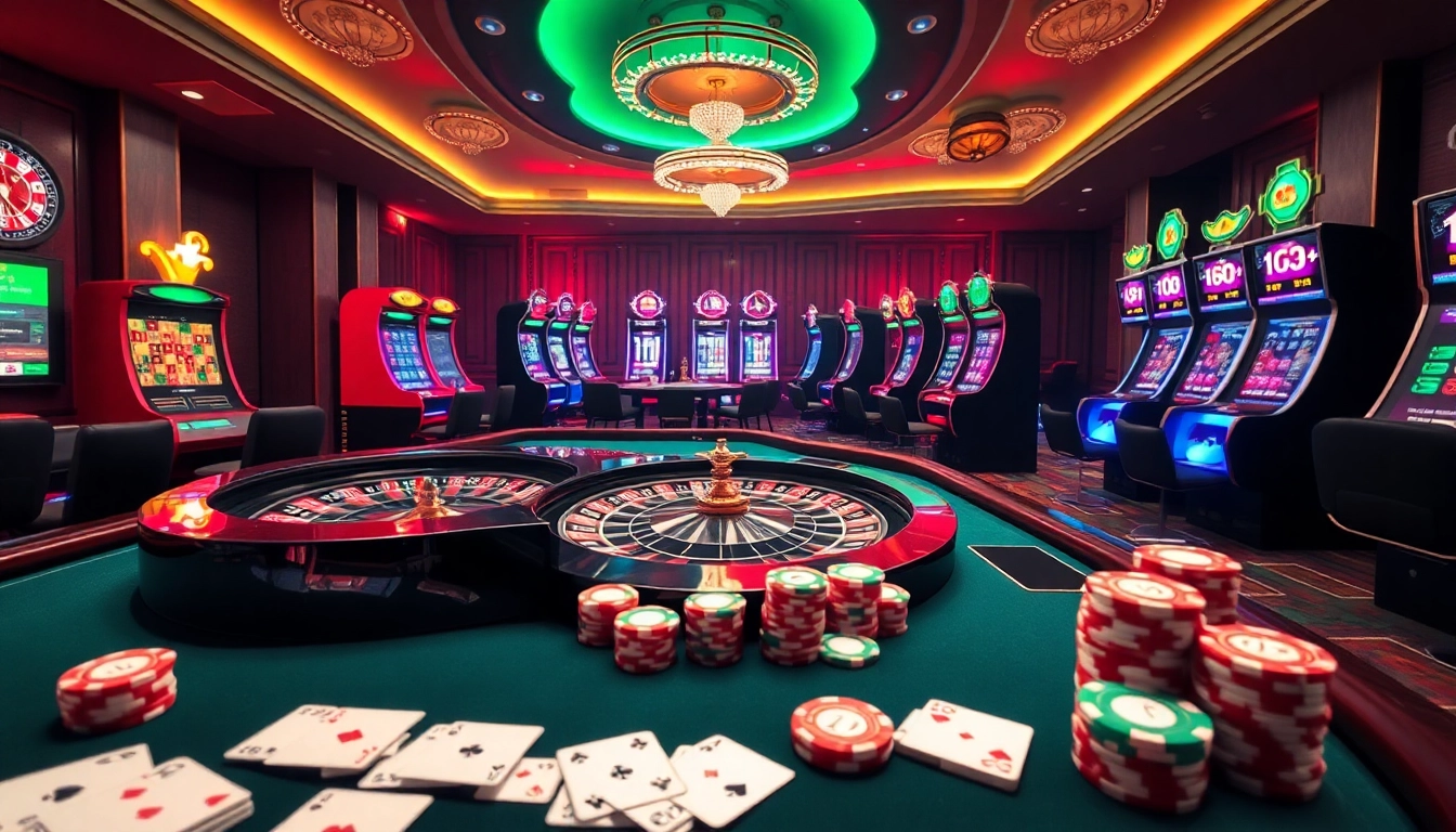 Vibrant gaming scene showcasing luxury gambling elements at https://vu88.art/ with roulette wheels, poker chips, and interactive slot machines.
