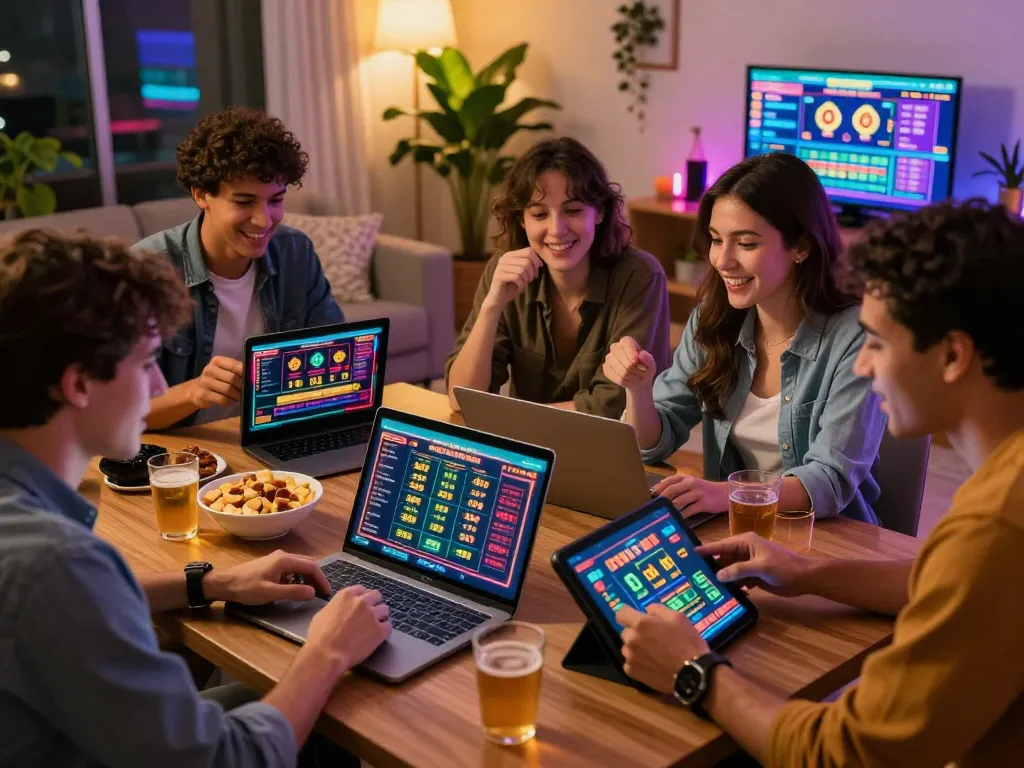 Enthusiastic friends engaged in lô đề online betting at home.