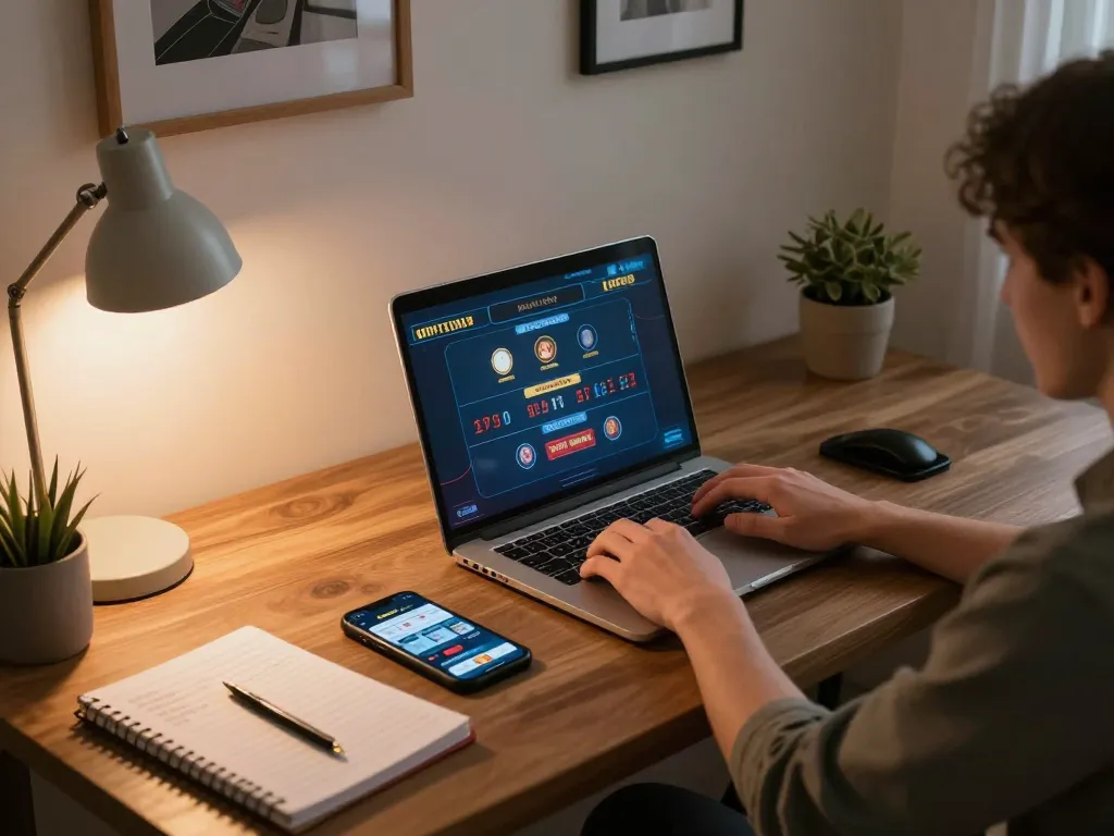 Engaging online gaming experience on the 69vn platform with a user at a cozy desk