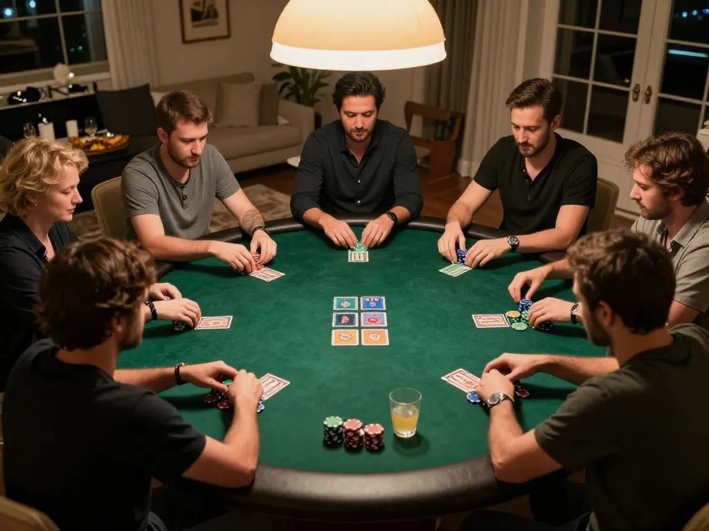 Action-packed poker night scene at nk88 with friends strategizing over chips and cards