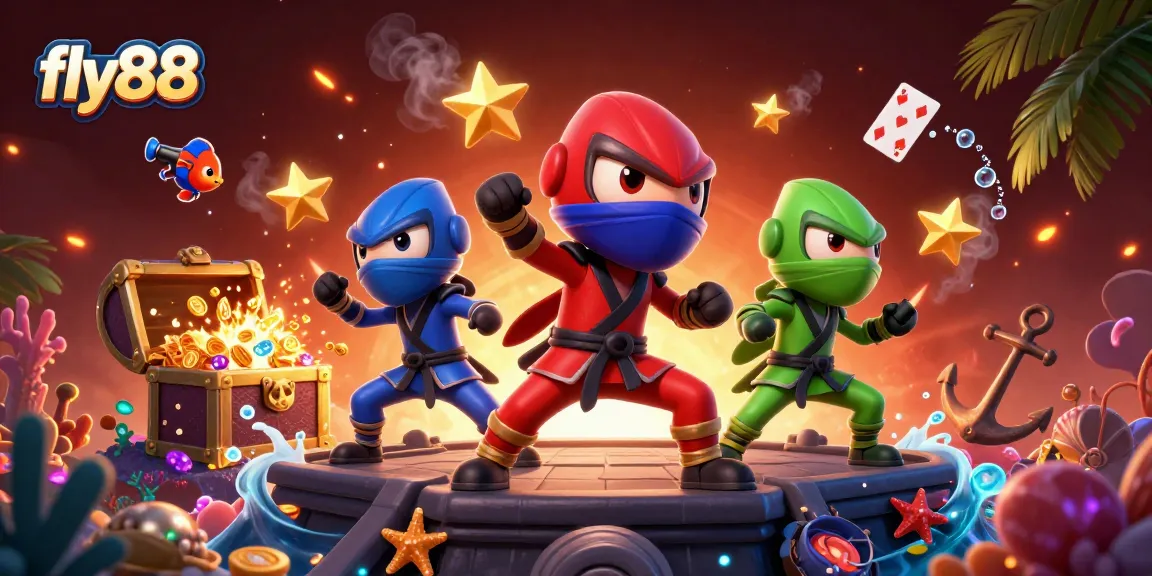 Fly88 showcases ninja chameleons with casino elements and explosive treasures in a vibrant 3D scene.