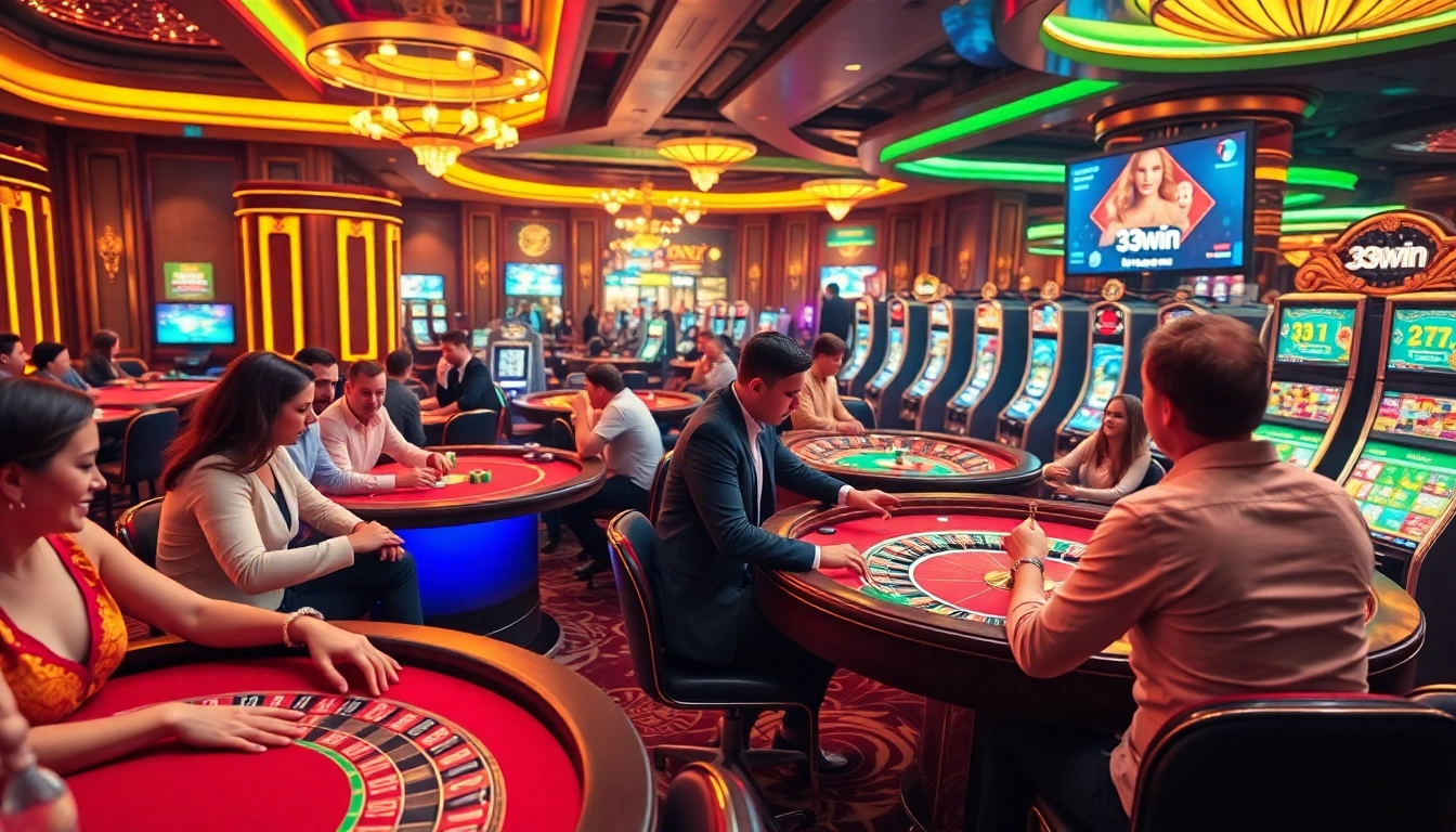 Players enjoy the thrilling atmosphere of 33win casino with vibrant lights and game tables.