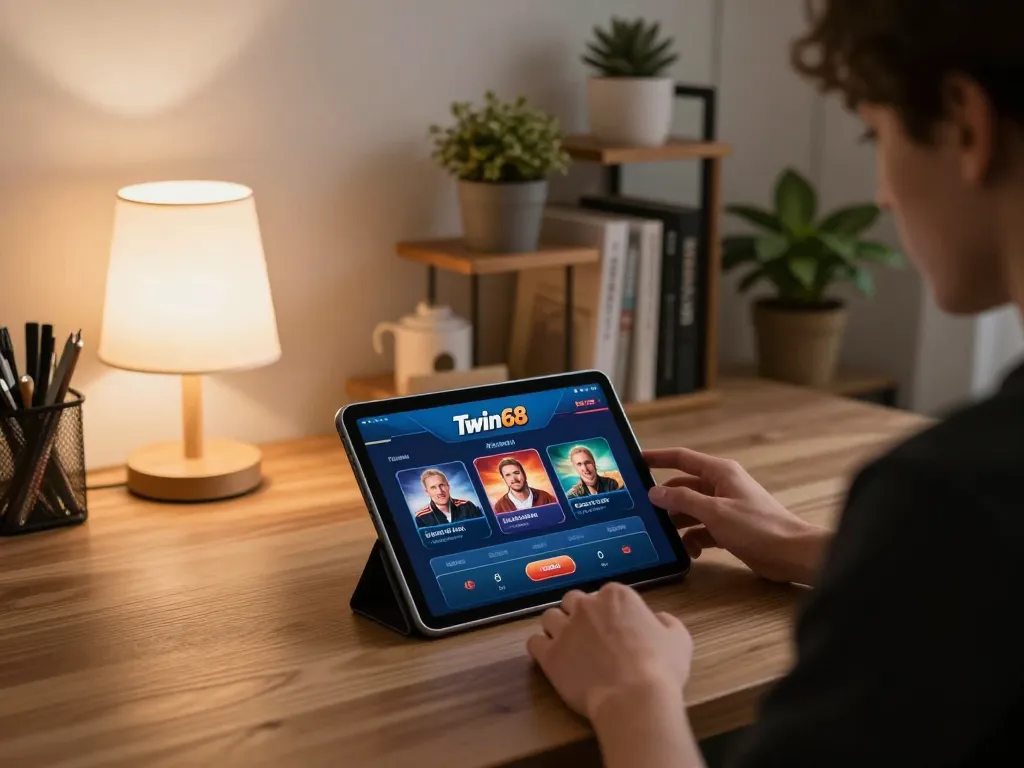 Twin68 user enjoying casino app at home, focusing on responsible gambling in a stylish setup.