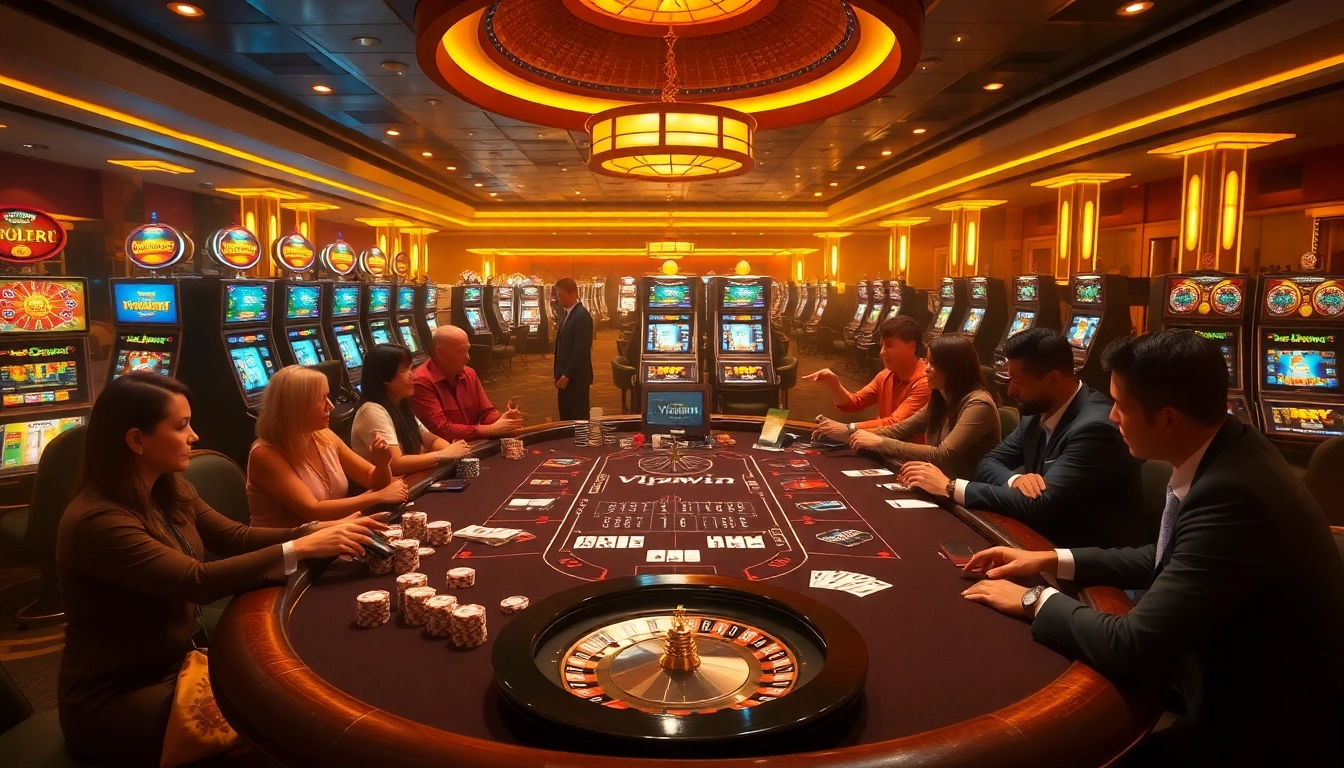 Exciting poker action at a vipwin-themed casino with luxurious decor and vibrant atmosphere.