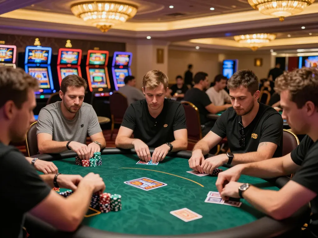 Players enjoying a game of poker at 555 WIN casino with vibrant atmosphere and colorful chips.