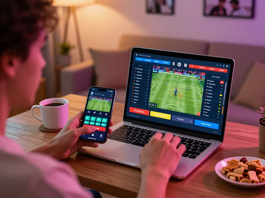 Hbet user placing bets on sports using laptop and mobile device in comfortable home setup