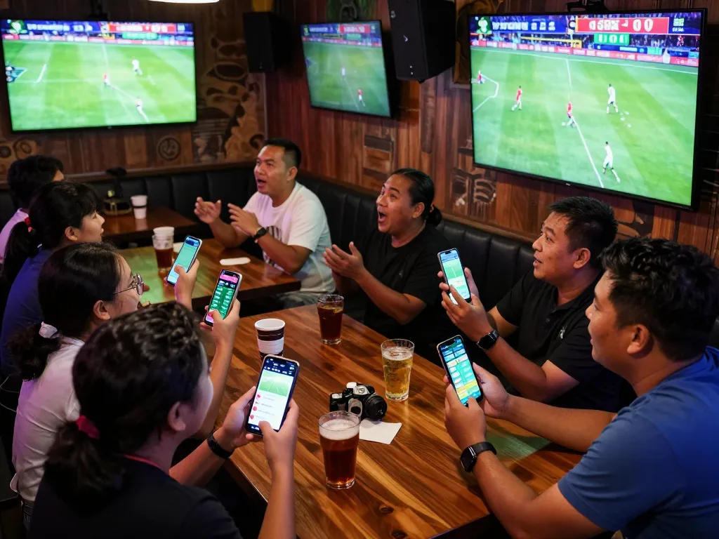Engaging atmosphere of sports betting with fans watching live action of บอล ออนไลน์ on multiple screens.