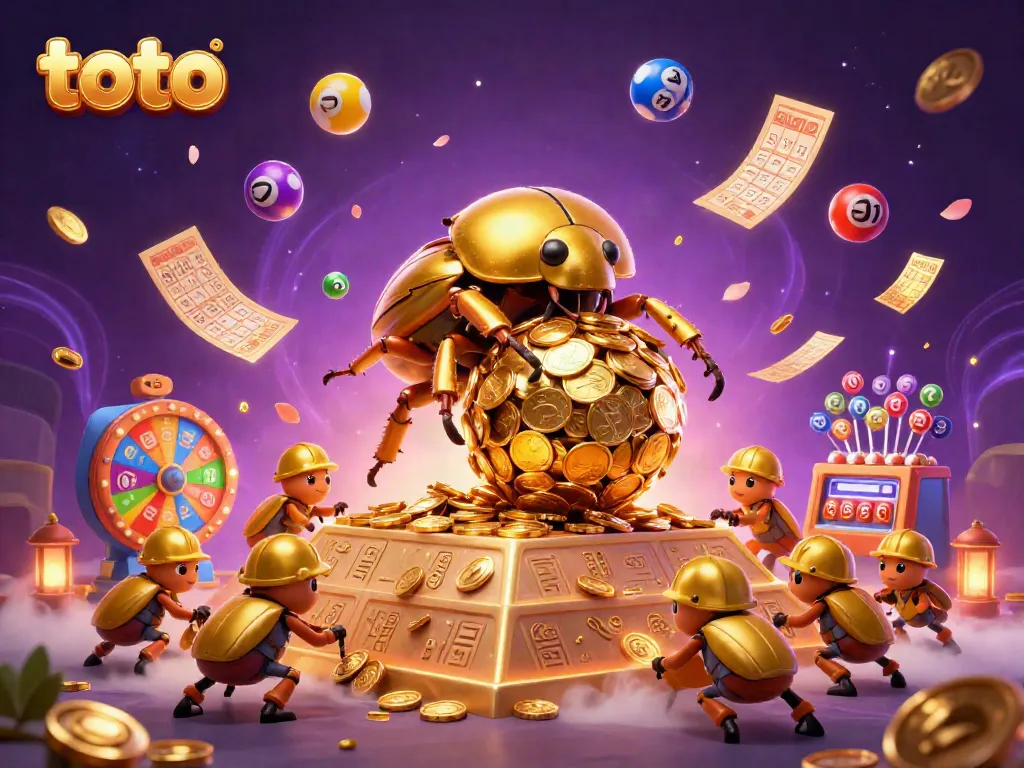 Engage in immersive toto gaming with a golden beetle rolling a coin ball, surrounded by dynamic lottery elements!
