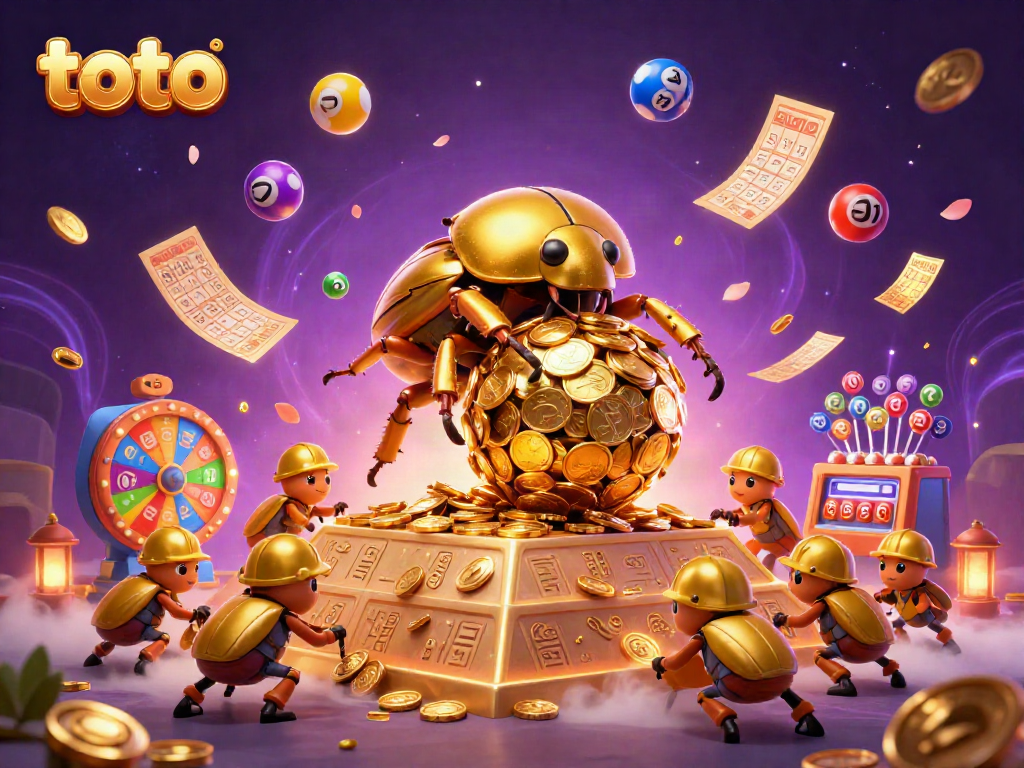 Engage in immersive toto gaming with a golden beetle rolling a coin ball, surrounded by dynamic lottery elements!