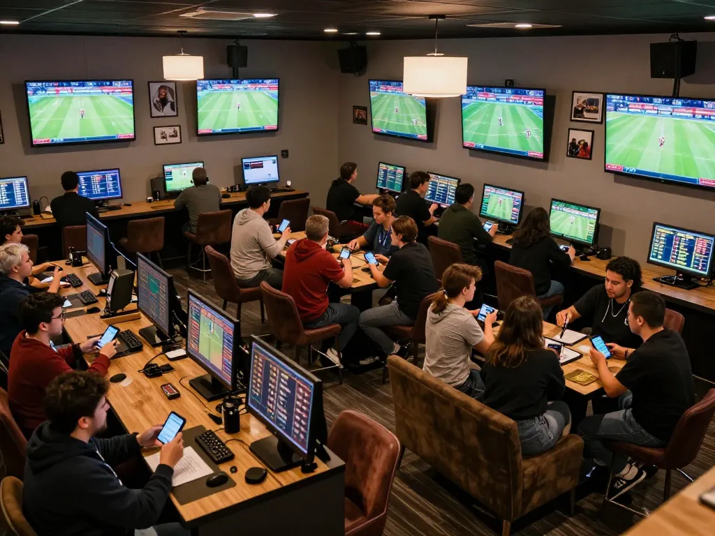 Exciting sports betting atmosphere with fans engaged in real-time tỷ lệ kèo nhà cái updates and discussions.