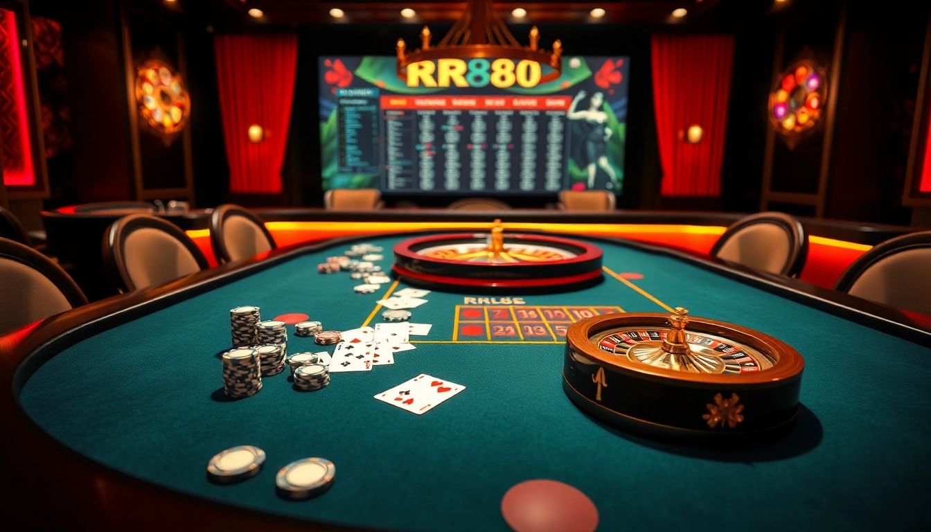 Indulge in thrilling casino action at RR88 with poker chips and playing cards on a beautifully arranged table.