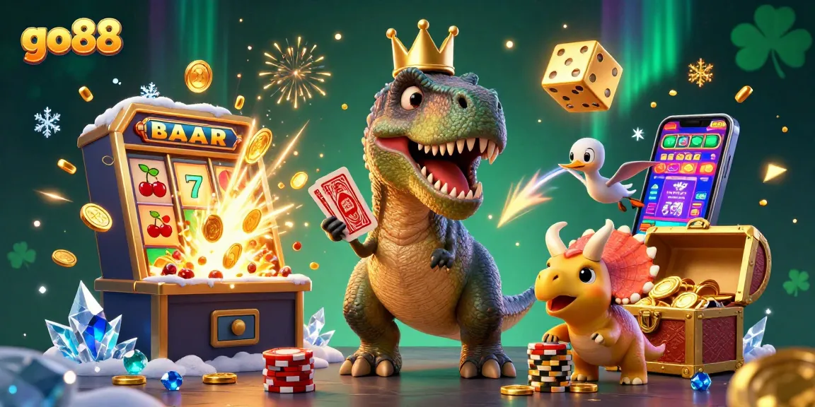 Join the fun at go88 with a T-Rex shuffling cards and friends stacking chips in an exciting casino scene!