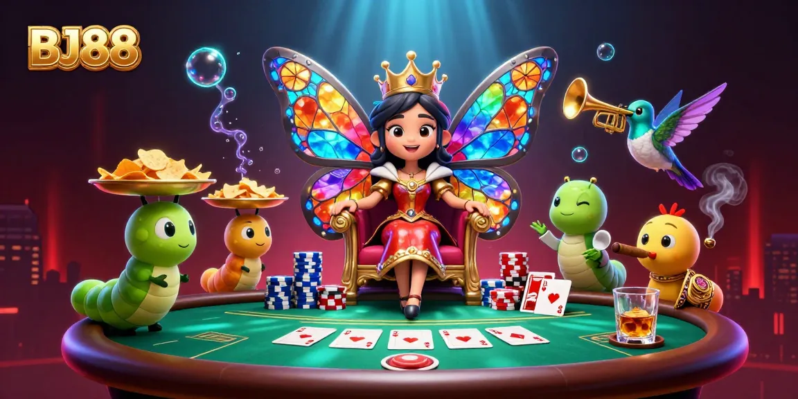 Experience thrilling gameplay at BJ88 with vibrant characters, poker elements, and dazzling casino atmosphere.
