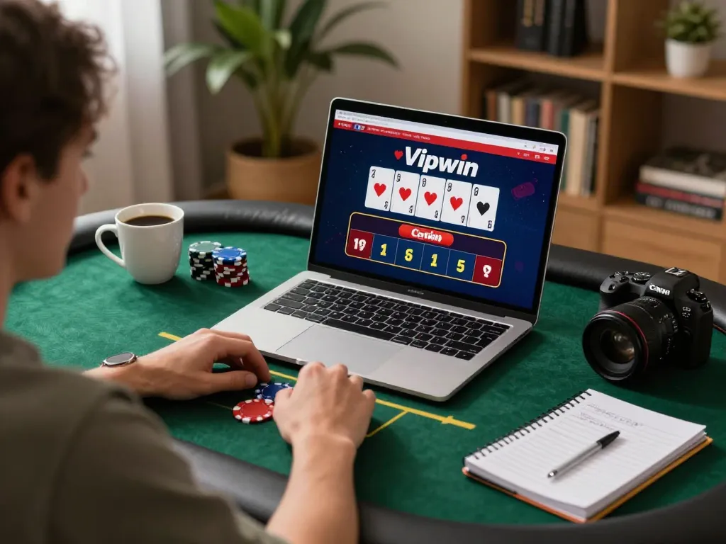 Engaged player analyzing gameplay on Vipwin's online casino platform with strategic notes beside.
