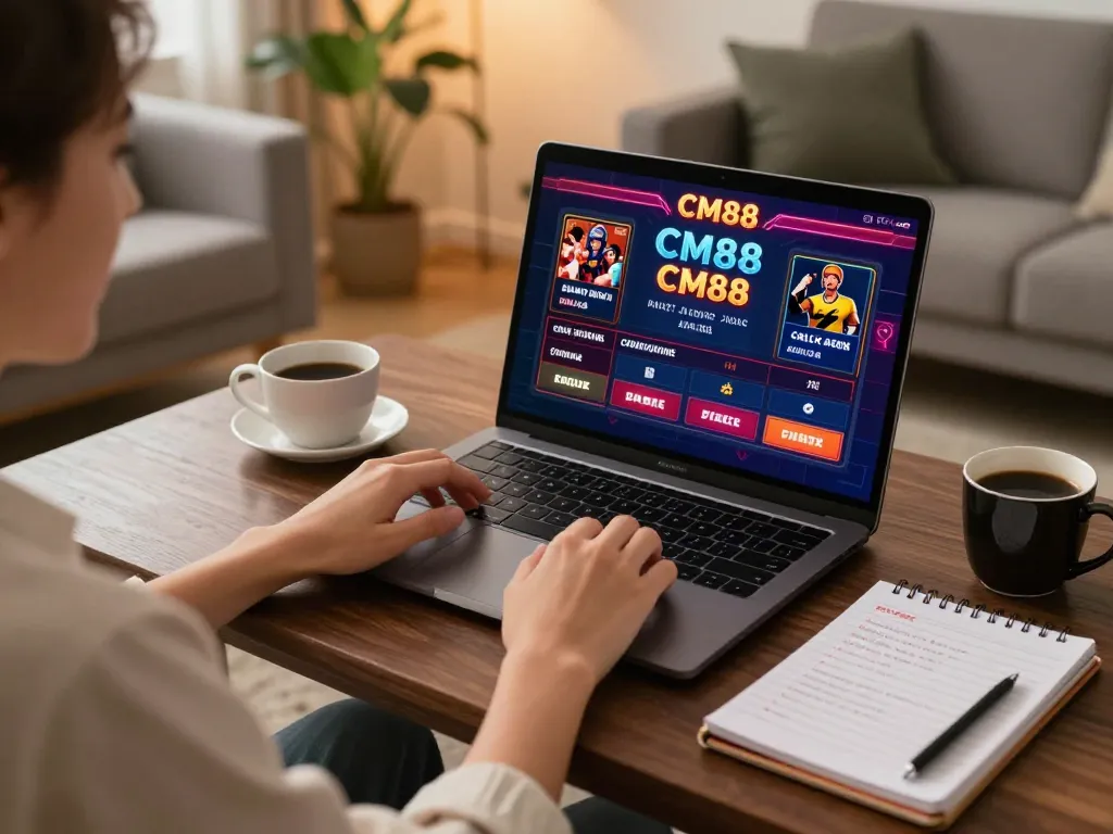 Enjoying casino games on CM88 platform in a cozy home setting, showcasing strategic gaming.